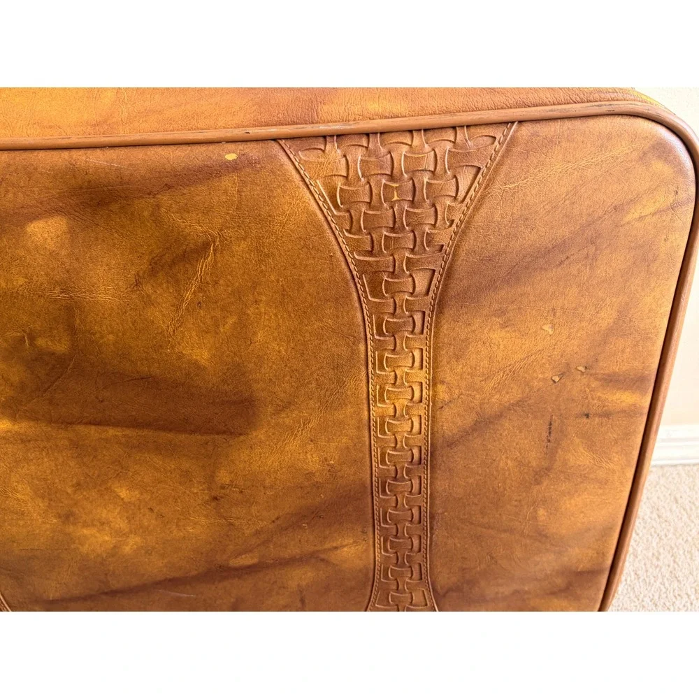 Vintage American Tourister 2 Piece Luggage Set Brown Faux Leather Woven Detail